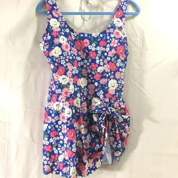 Cupshe Floral Swim Dress XL Blue Pink 1 Piece Adj Straps Removable Pads NWT - Picture 3 of 6